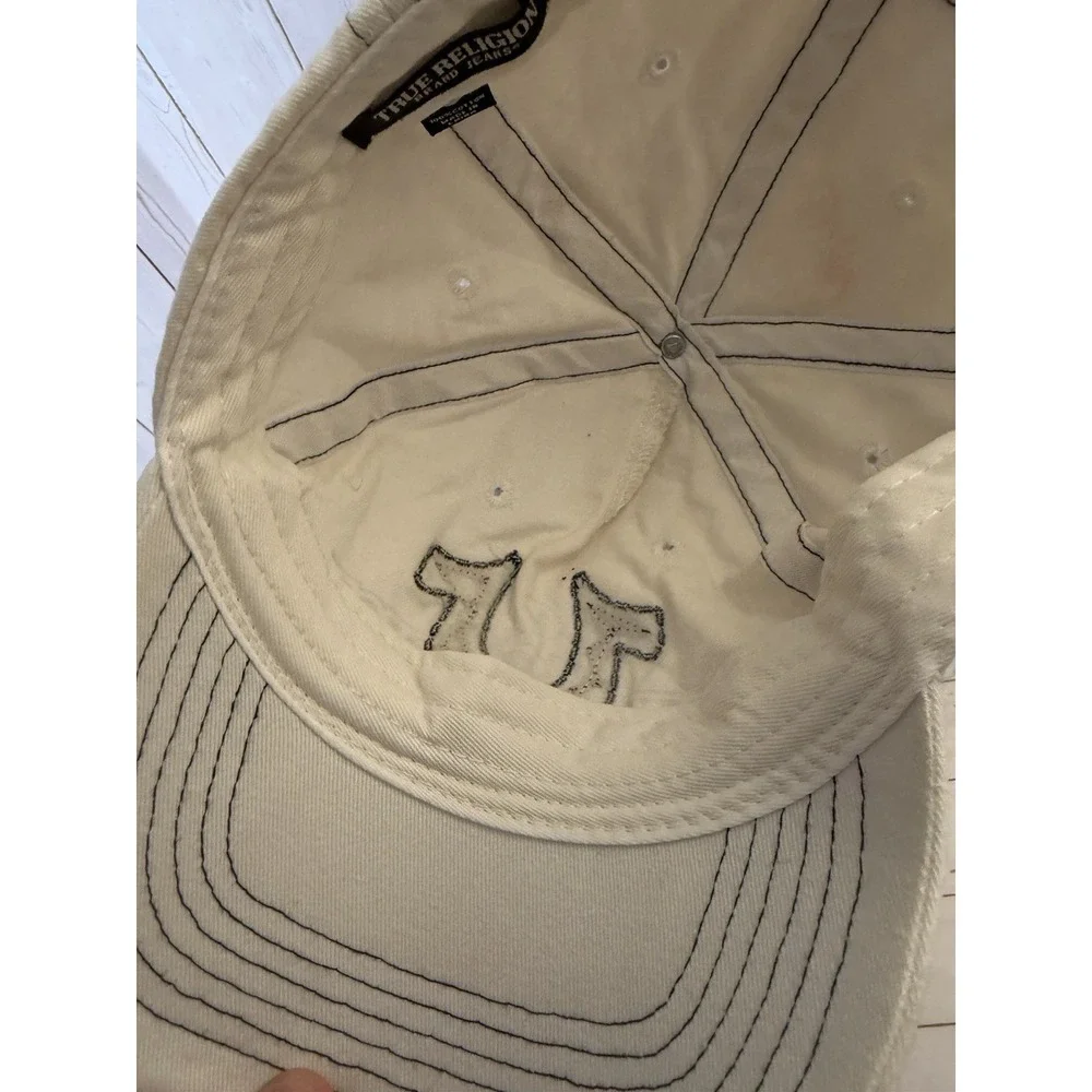True Religion Y2k White Buddha Logo Distressed Frayed Strapback Hat Adjustable *